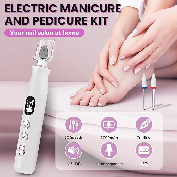 Electric Nail Drill, Cordless 2000 mAh Rechargeable Portable Nail File 12 in 1 Kit for Thick Toenails, 10 Speeds Nail Dril Machine Professional Manicure Pedicure for Hand Natural Nails Care (White)-Velvo Beauty