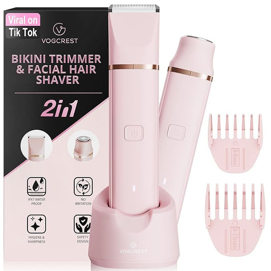 Electric Bikini Trimmer: 2 in1 Body Facial Hair Remover - Painless Pubic Hair Shaver (Pink)-Velvo Beauty