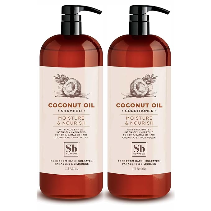 Soapbox Shampoo and Conditioner Set with Coconut Oil, Jojoba Oil, Aloe and Shea Butter to Moisturize and Nourish for All Hair Types, 1 Liter Each (Pack of 2)-Velvo Beauty