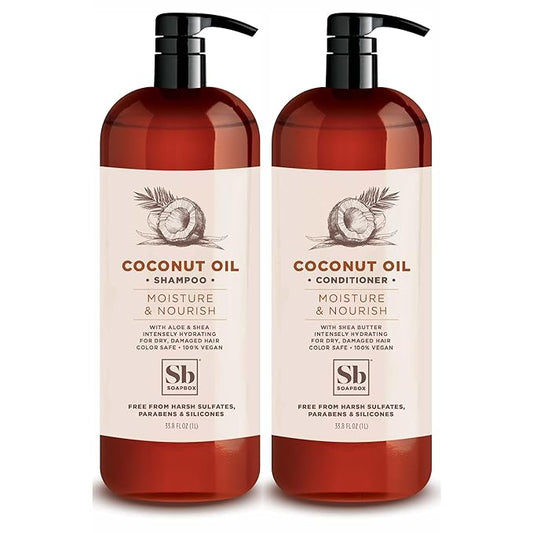 Soapbox Shampoo and Conditioner Set with Coconut Oil, Jojoba Oil, Aloe and Shea Butter to Moisturize and Nourish for All Hair Types, 1 Liter Each (Pack of 2)-Velvo Beauty