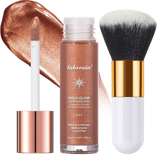 Natural Glow Liquid Filter Makeup, Longwear Face Luminizer, Complexion Booster For Any Part of the Body, Liquid Highlighter with Brush Kit, Infused Hyaluronic Acid, 1.06 fl oz (#06 TAN/DEEP)-Velvo Beauty