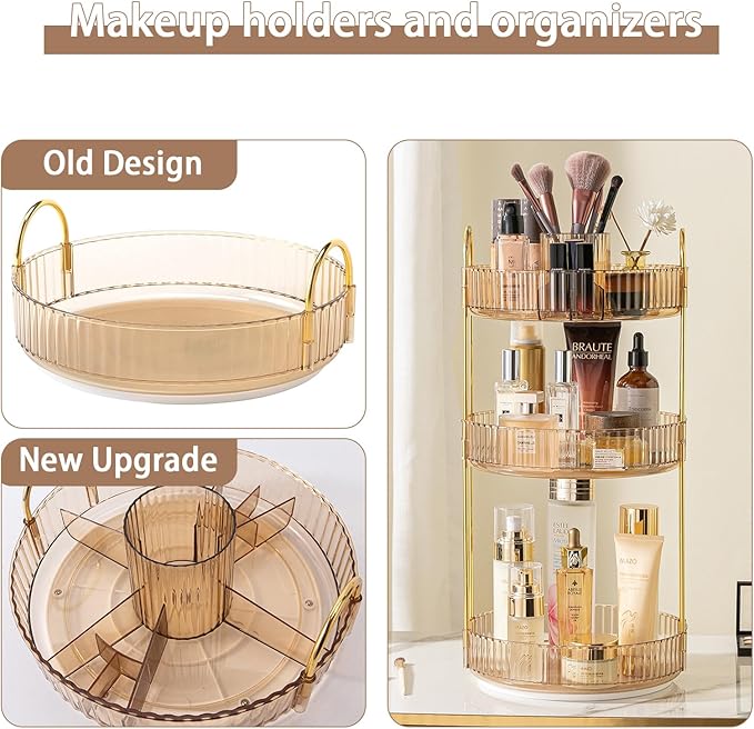 Rotating Makeup Organizer for Vanity, High-Capacity Skincare Clear Make Up Storage Perfume Organizers Cosmetic Dresser Organizer Countertop 360 Spinning (Gold, New-3 Tier)-Velvo Beauty
