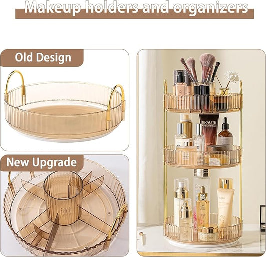 Rotating Makeup Organizer for Vanity, High-Capacity Skincare Clear Make Up Storage Perfume Organizers Cosmetic Dresser Organizer Countertop 360 Spinning (Gold, New-3 Tier)-Velvo Beauty