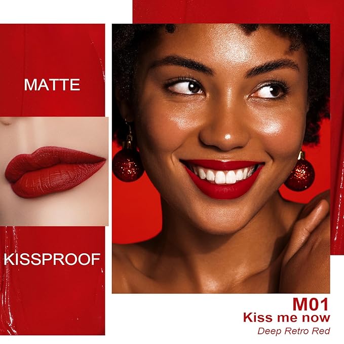 Oulac Matte Liquid Red Lipstick for Women, Deep Red Lip Gloss Creamy Matte Texture, Waterproof, Non-Stick Cup, Extra-Pigmented Lip Tint Stain with Vitamin E & Rose Oil, Vegan, Cruelty-Free, M01-Velvo Beauty