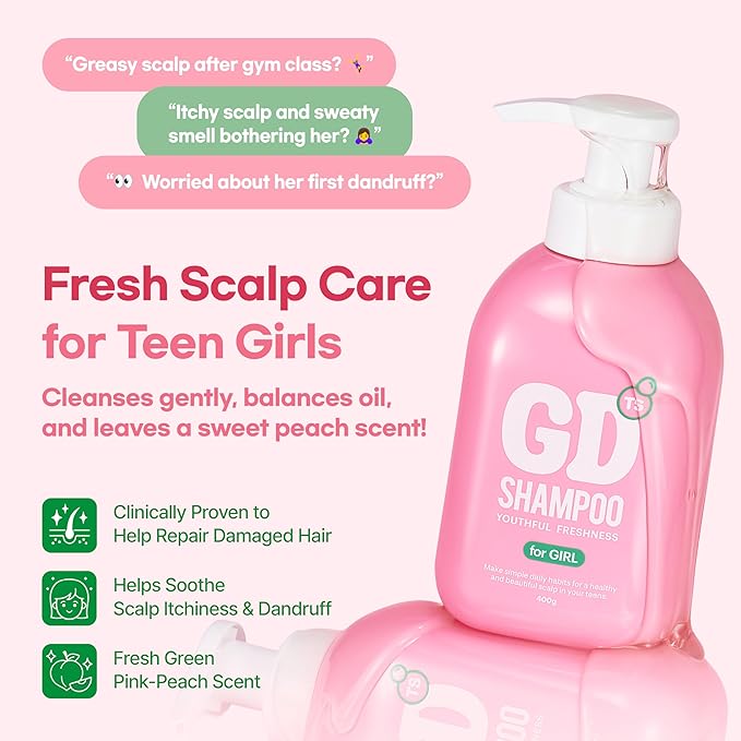 TS GD Shampoo for Girls | Korean Teen Shampoo with Upgraded Probiotics | Anti-Dandruff & Itchy Scalp Relief | Pink Peach Allergy-Free Fragrance | Sulfate-Free (13.53 fl oz, 400ml)-Velvo Beauty