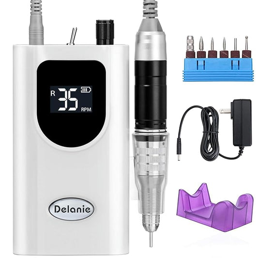 Delanie Professional Nail Drill High Torque 35000 RPM Rechargeable Portable Electric Nail File Filer for Acrylic Gel with Cuticle Bits, Salon Manicure Tool, White-Velvo Beauty