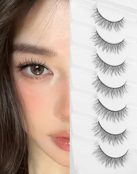 Asian Lashes Natural Wispy Everyday Flared Small Eyelashes Natural Look False Eye Lash korean Fluffy False Eyelash 7 Pairs D33-Velvo Beauty