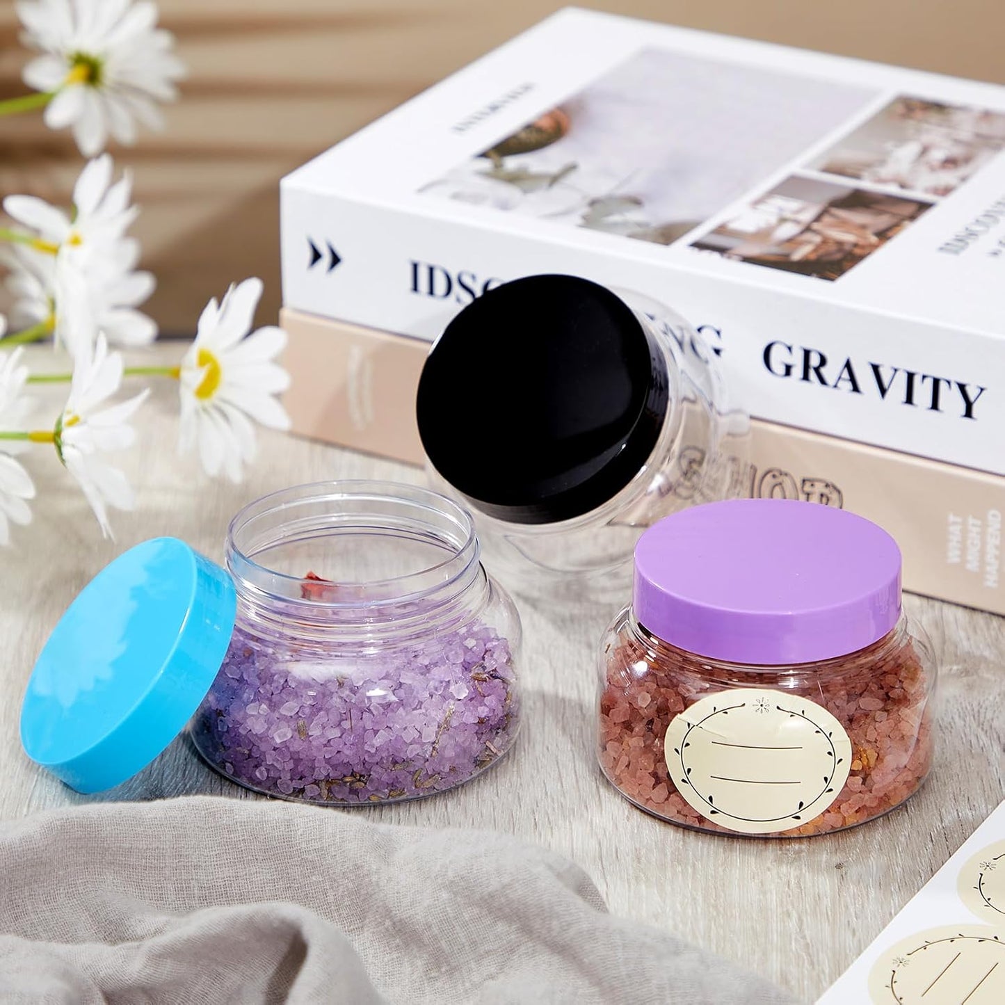 Tessco 24 Pack Plastic Jars with Lids Labels Empty Clear Plastic Jars Round Refillable Cosmetic Containers Body Butter Containers Bulk Sugar Scrub Bottle for Make Up(8 oz,Multicolor)-Velvo Beauty