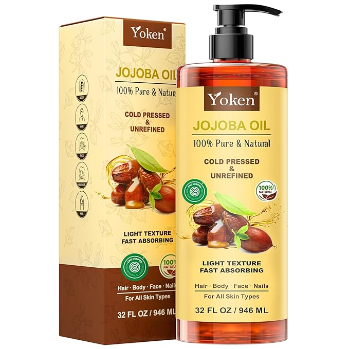 Yoken 32 fl oz (EWG Verified) 100% Pure Jojoba Carrier Oil - Unrefined, Hexane-Free, Cold Pressed for Skin, Face, Hair, Nails, and Massage-Velvo Beauty