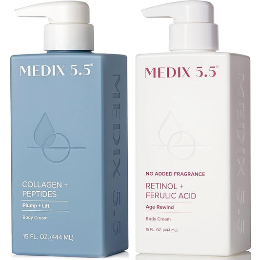 MEDIX Fragrance Free Firming Retinol Body Lotion + Collagen Peptides Cream 2pc Skincare Set | Crepey Skin Treatment | Anti Aging Body Cream & Face Moisturizer For Crepe Skin, Cellulite, & Wrinkles-Velvo Beauty