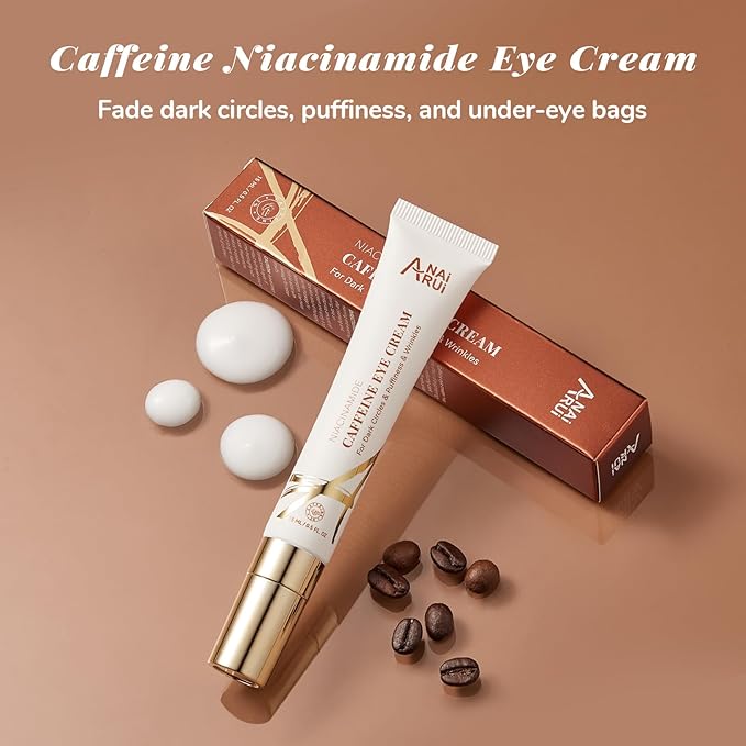 ANAI RUI Caffeine Eye Cream, Niacinamide Eye Cream for Dark Circles and Puffiness, Anti Aging & Friming Eye Cream with Eye Roller, Caffeine Under Eye Cream for Puffy Eyes, Bag Treatment 0.5 FL.OZ-Velvo Beauty