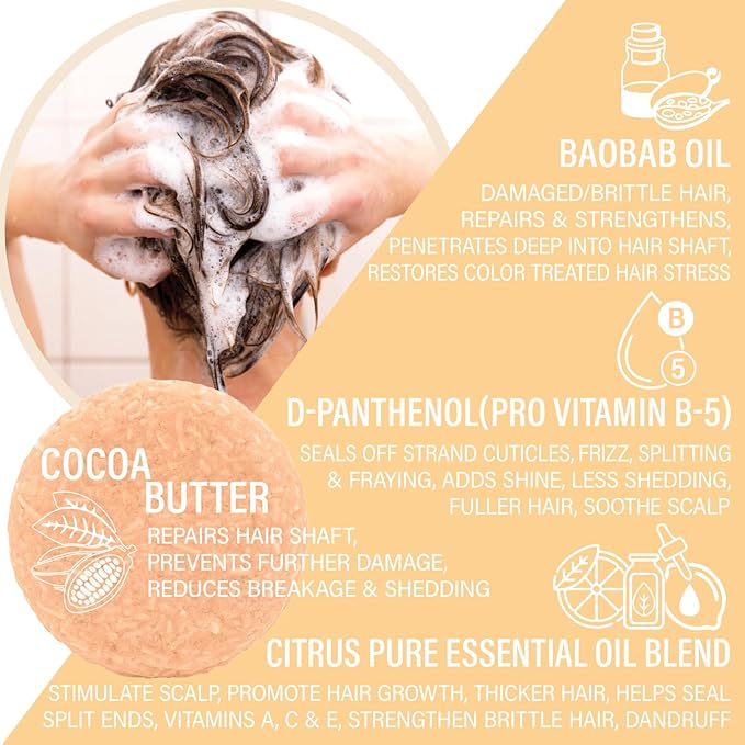Citrus Splash Shampoo Bars for all Hair Types is Vegan, Sulfate Free and Made in the USA. This beach shampoo bar has a swim detangler and is great as a travel shampoo. Get up to 60 washes.-Velvo Beauty