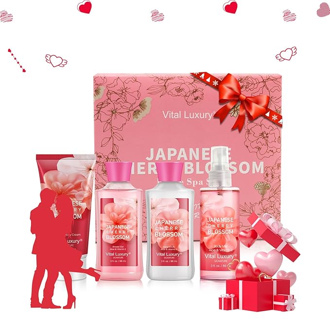 Bath & Body Kit, 3 Fl Oz Travel Size, Ideal Skincare Relaxing Home Spa Set, Includes Body Lotion, Shower Gel, Body Cream, and Fragrance Mist, Bath Gifts for Her and Him (Japanese Cherry-Velvo Beauty