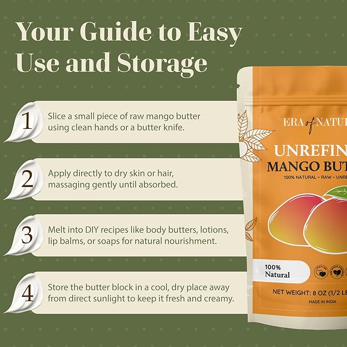 era of nature Organic Unrefined Raw Mango Body Butter Block 8oz - Moisturizing Mango Seed Raw Butter Bar for Skin & Hair, DIY Lip Balm Base, Cream, Soap & Lotion Making Supplies Kit, Personal Skincare-Velvo Beauty