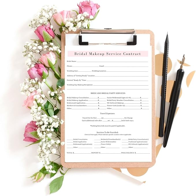 Bridal Makeup Service Contract | 100 Pack | 8.5 x 11" A1 Forms | Makeup Artist Supplies | Bridal Contract | White and Pink Forms-Velvo Beauty
