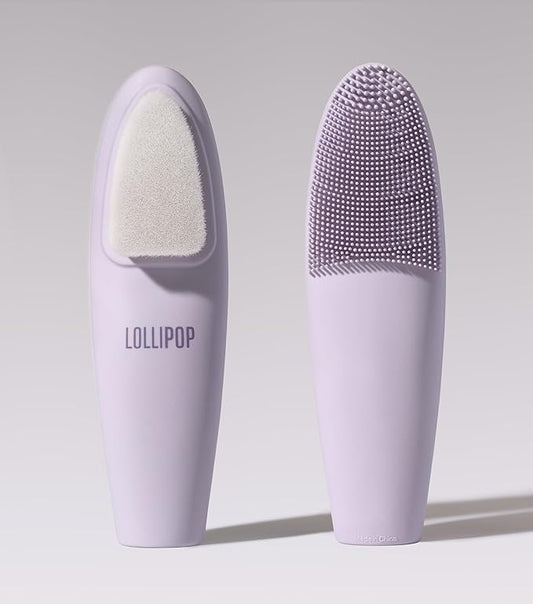 LOLLIPOP Dual-Sided Facial Cleansing Brush | Handle Size Silicone Face Exfoliator and Soft Fiber Cleanser | Manual Face Scrubber for Pores, Makeup Removal, Blackhead and Skincare Routine, Plum-Velvo Beauty