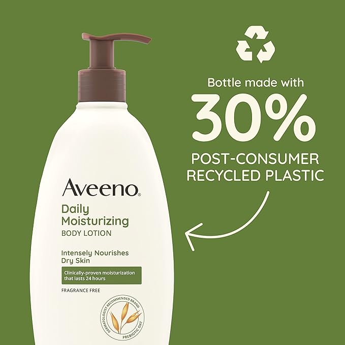 Aveeno Daily Moisturizing Body Lotion with Soothing Prebiotic Oat, Gentle Lotion Nourishes Dry Skin With Moisture, Paraben-, Dye- & Fragrance-Free, Non-Greasy & Non-Comedogenic, 12 fl. Oz-Velvo Beauty