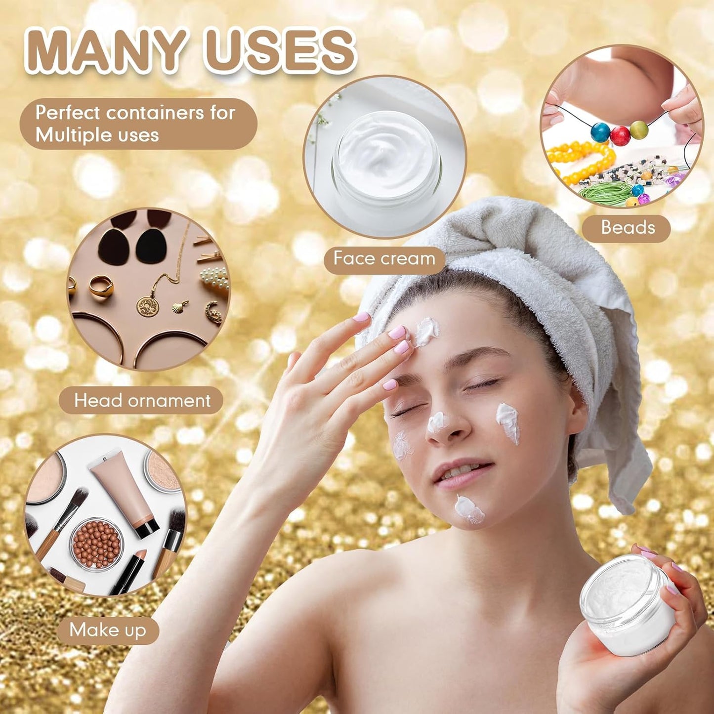 SATINIOR 100 Pcs Plastic Jars with Lids Small Containers Lids Wide Mouth Small Plastic Containers for Lotion Cream Rhinestones Body Butters Travel Storage(8 oz,Gold)-Velvo Beauty