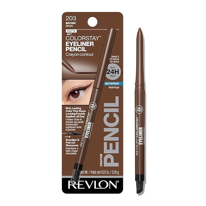 Revlon ColorStay Pencil Waterproof Eyeliner, Smudge-Proof, Eye Makeup with Built-In Sharpener, Packaging May Vary, 203 Brown, 0.01 oz-Velvo Beauty