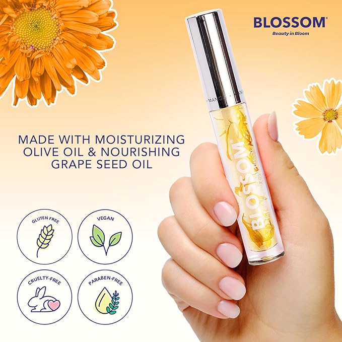 Blossom Moisturizing and Hydrating Shimmer Sparkle Lip Oil with Olive Oil + Grape Seed Oil, Infused with Real Flowers, 3g, Mango-Velvo Beauty