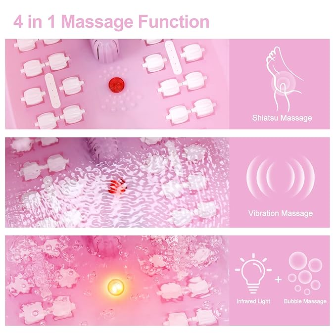 Foot Spa Bath Massager with Heat Bubbles and Vibration Massage and Jets, 16 OZ Calming Lavender Foot Soak Epsom Salt, Foot Soaker with Red Light, 22 Massage Rollers, Adjustable Temp - Pink-Velvo Beauty