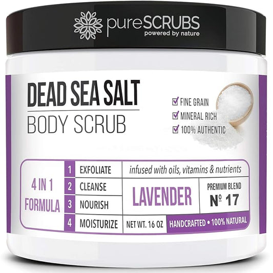 pureSCRUBS Premium Lavender Body Scrub Set - Large 16oz Dead Sea Salt Body Scrub With Infused Essential Oils & Nutrients, Includes Wooden Spoon, Loofah & Oatmeal Exfoliating Bar Soap-Velvo Beauty