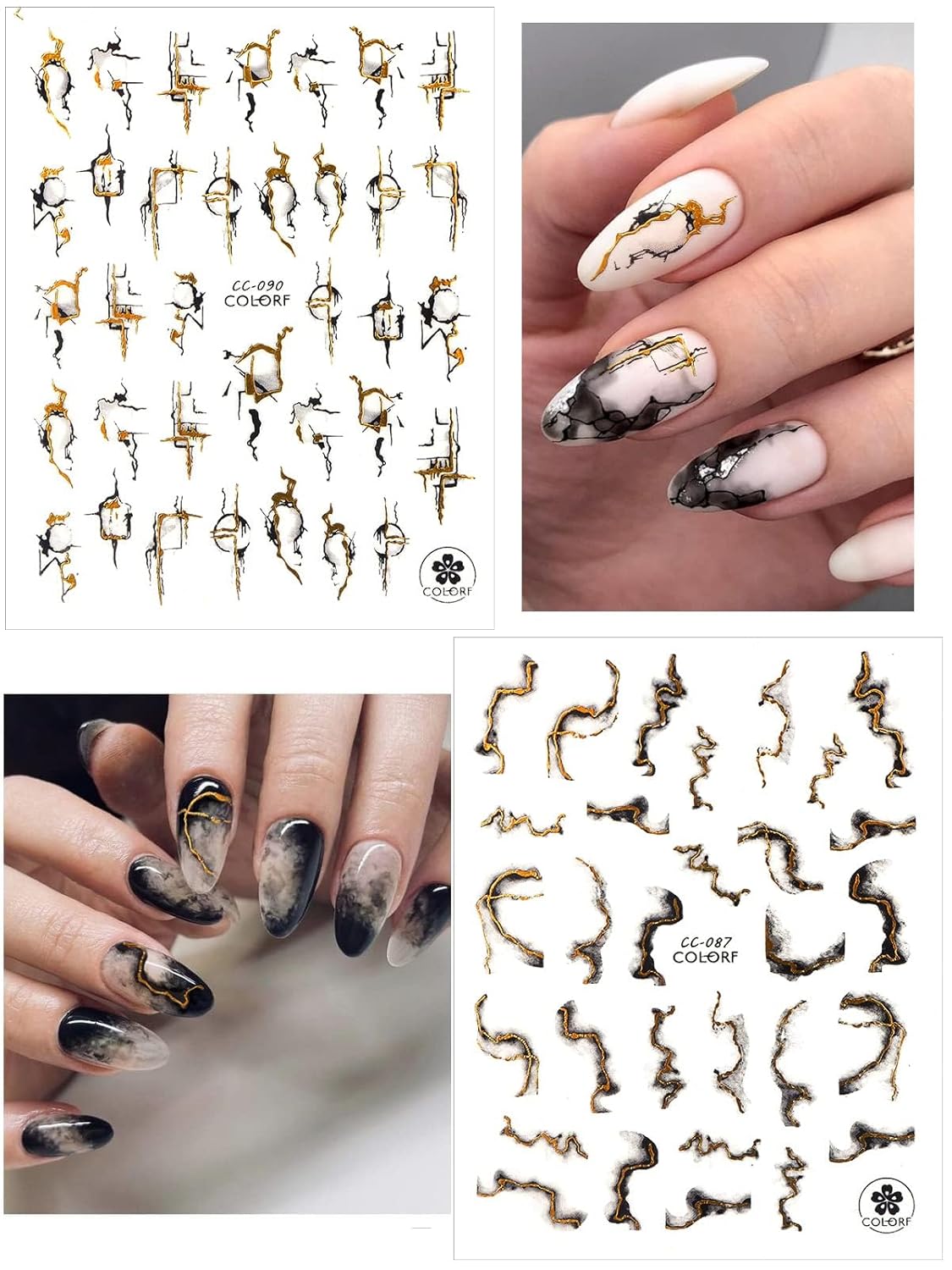 TOROKOM 12 Sheets Nail Art Stickers Decals,Self-Adhesive Black White Gold Stripe Line Nail Decals Marble Wave Nail Sticker Supplies for 3D Nail Design Nail Accessories for Women French Nail Decoration-Velvo Beauty