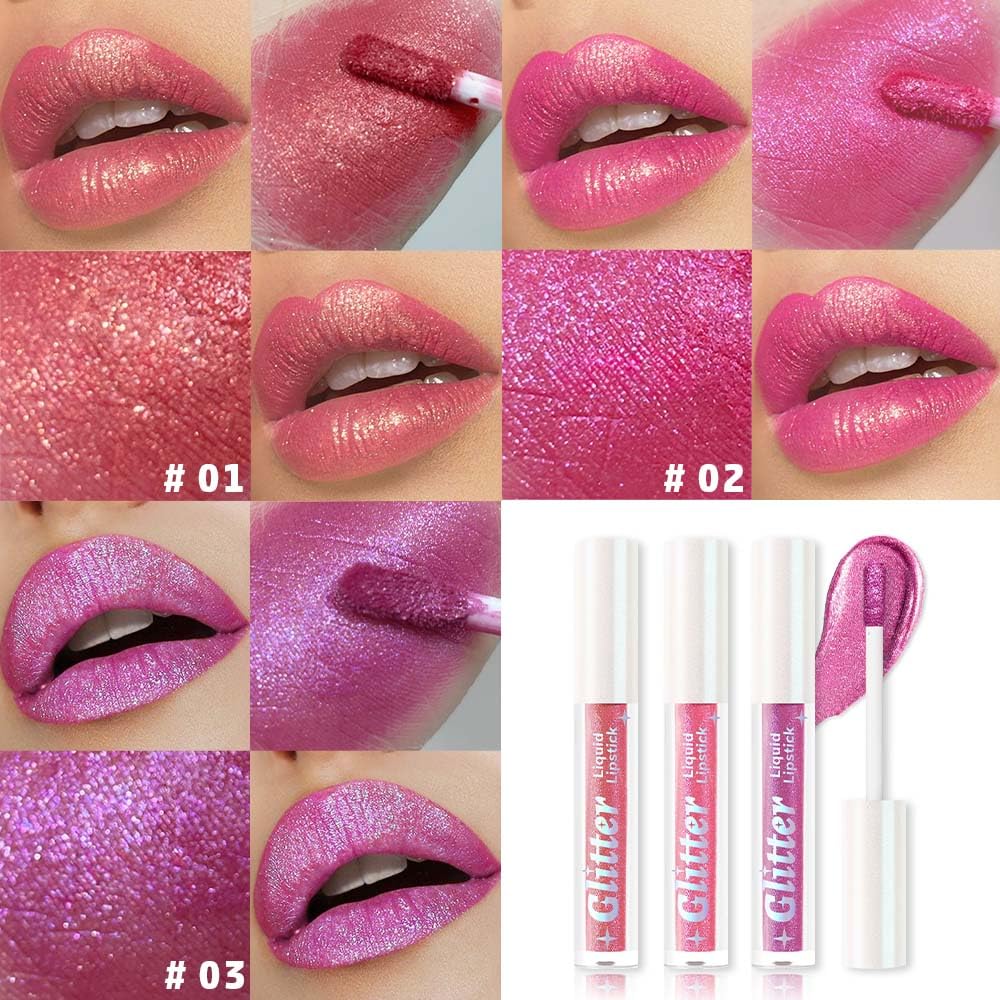 3Pcs Metallic Lipstick for Women,Lightweight Glitter Sparkling Liquid Lipsticks,Shimmer Lip Gloss Stain Long Lasting Waterproof Smudge Proof Non-Drying 24 Hour Full Coverage Lip Makeup,Vegan-Velvo Beauty