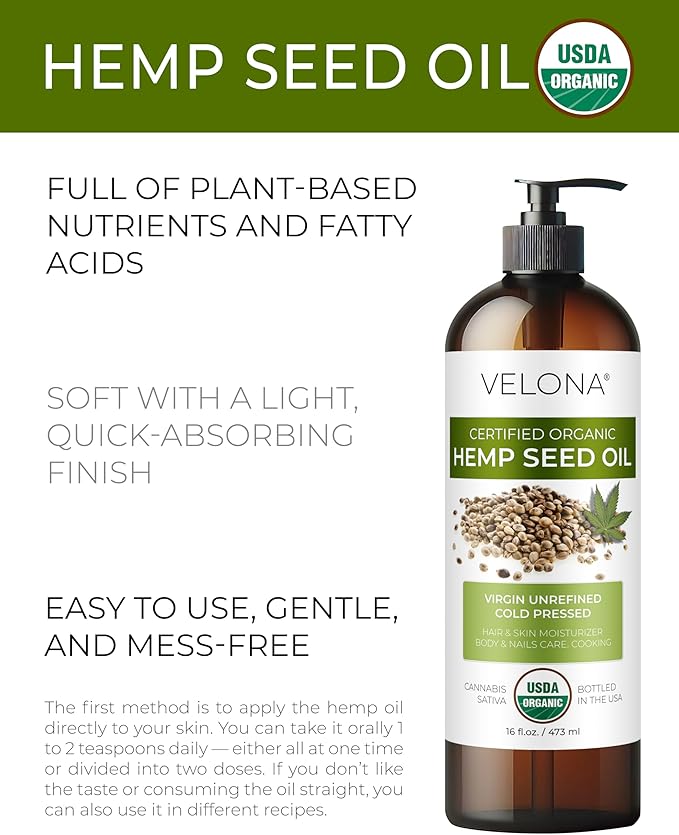 velona Hemp Seed Oil USDA Certified Organic - 16 Fl Oz | 100% Pure and Natural Carrier Oil | Unrefined, Cold Pressed | Hair, Body, Face & Skin Care-Velvo Beauty