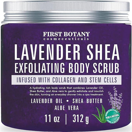 First Botany Body Scrub - Natural Exfoliating Salt Scrub & Body and Face Souffle helps with Moisturizing Skin, Acne, Cellulite, Dead Skin Scars, Wrinkles (10 fl oz, Lavender)-Velvo Beauty