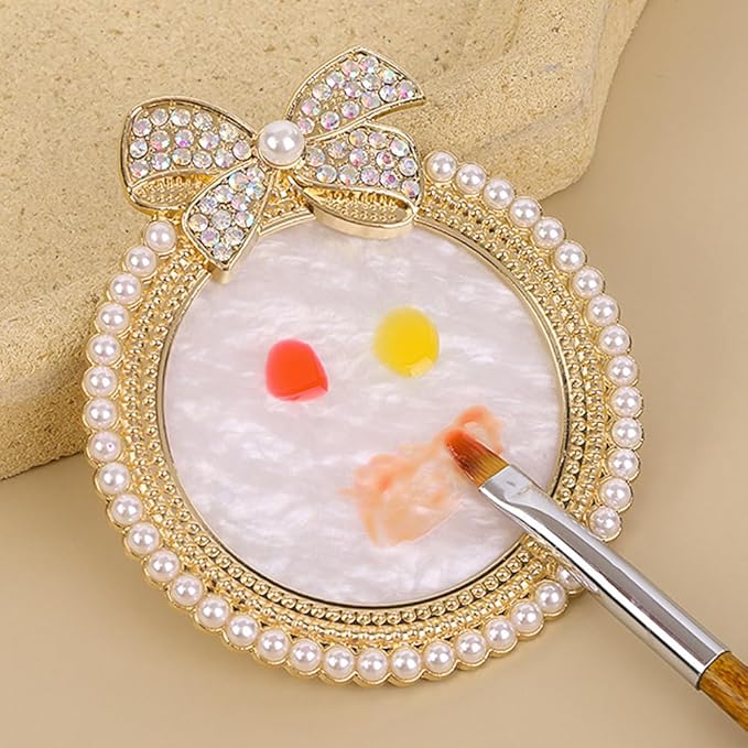 2 Pack Bow with Rhinestones Pearl Nail Art Palette Nail Polish Art Painting Mixing Palette Holder Pearl Edge Professional Cosmetic Nail Art Tools for Women and Girls Nail Polish Display-Velvo Beauty