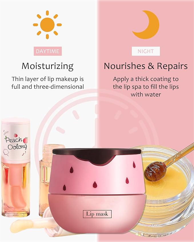 2Pcs Watermelon Lip Balm Honey Pot Lip Mask & Lip Glowy Oil Lip Care Set, Propolis Moisturizing & Nourish Hydrating Lip Gloss Repair, Reduce Lip Line & Plump Dry Cracked Lip Scrub Exfoliator -Set C-Velvo Beauty