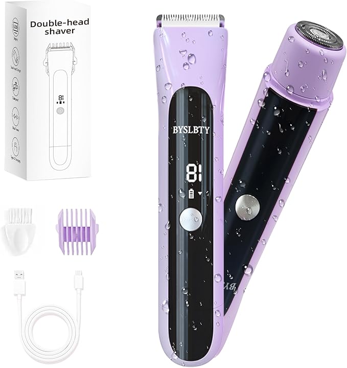 2 in 1 Bikini Trimmer for Women Dual Head Electric Shaver with LED Display,IPX7 Waterproof Wet & Dry, Painless Shaver for Underarm Leg Arm Body Face Private Area Purple-Velvo Beauty