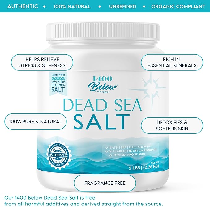 1400 Below 5 Lbs Jar Dead Sea Salt, Fine Grain - Foot and Spa Bath Soak, Exfoliating Body Scrub, 100% Pure and Mineral-Rich, Highest Mineral Content – Natural Muscle Tension Relief-Velvo Beauty