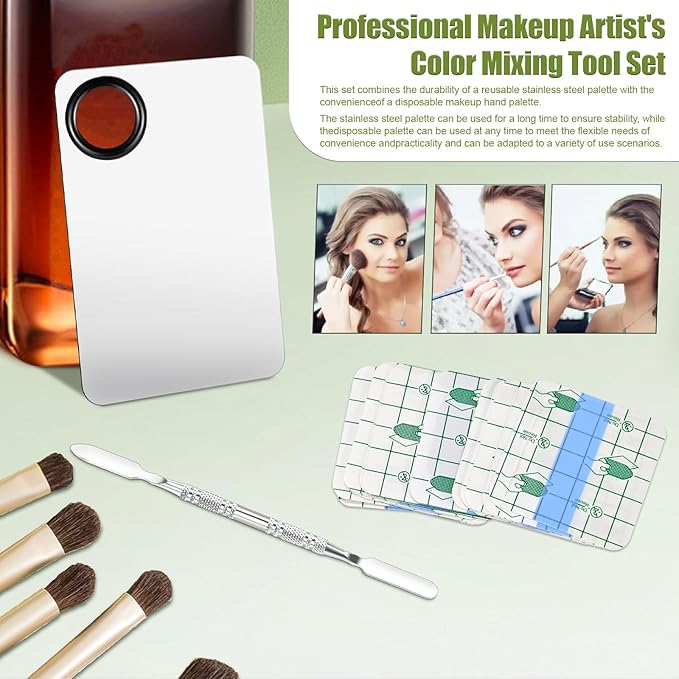 Makeup Mixing Palette Set, Makeup Hand Palette Single Use Makeup Mixing Tray Disposable Adhesive Cosmetic Makeup Palette Transparent Makeup Tape, Stainless Steel Foundation Mixing Palette with Spatula-Velvo Beauty