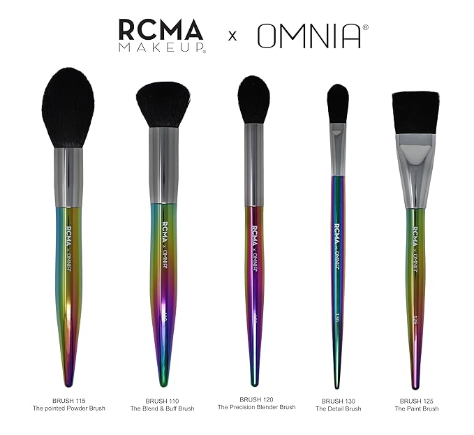 RCMA Makeup x Omnia Professional Makeup Brush 5pc Set, Premium Synthetic Fiber, Iridescent Acrylic Handle, Face Powders, Complexion and Foundation Blending Application Brush set.-Velvo Beauty