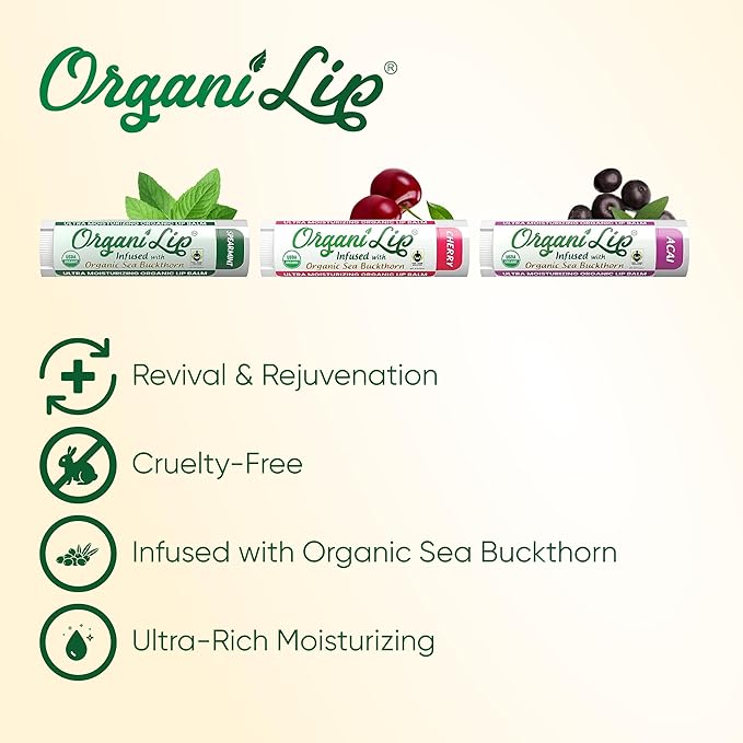 OrganiLip Organic Lip Balm, Variety3 Pack (Spearmint, Cherry, Acai), Ultra Hydrating Lip Moisturizer for Dry Lips, USDA Certified Organic,-Velvo Beauty