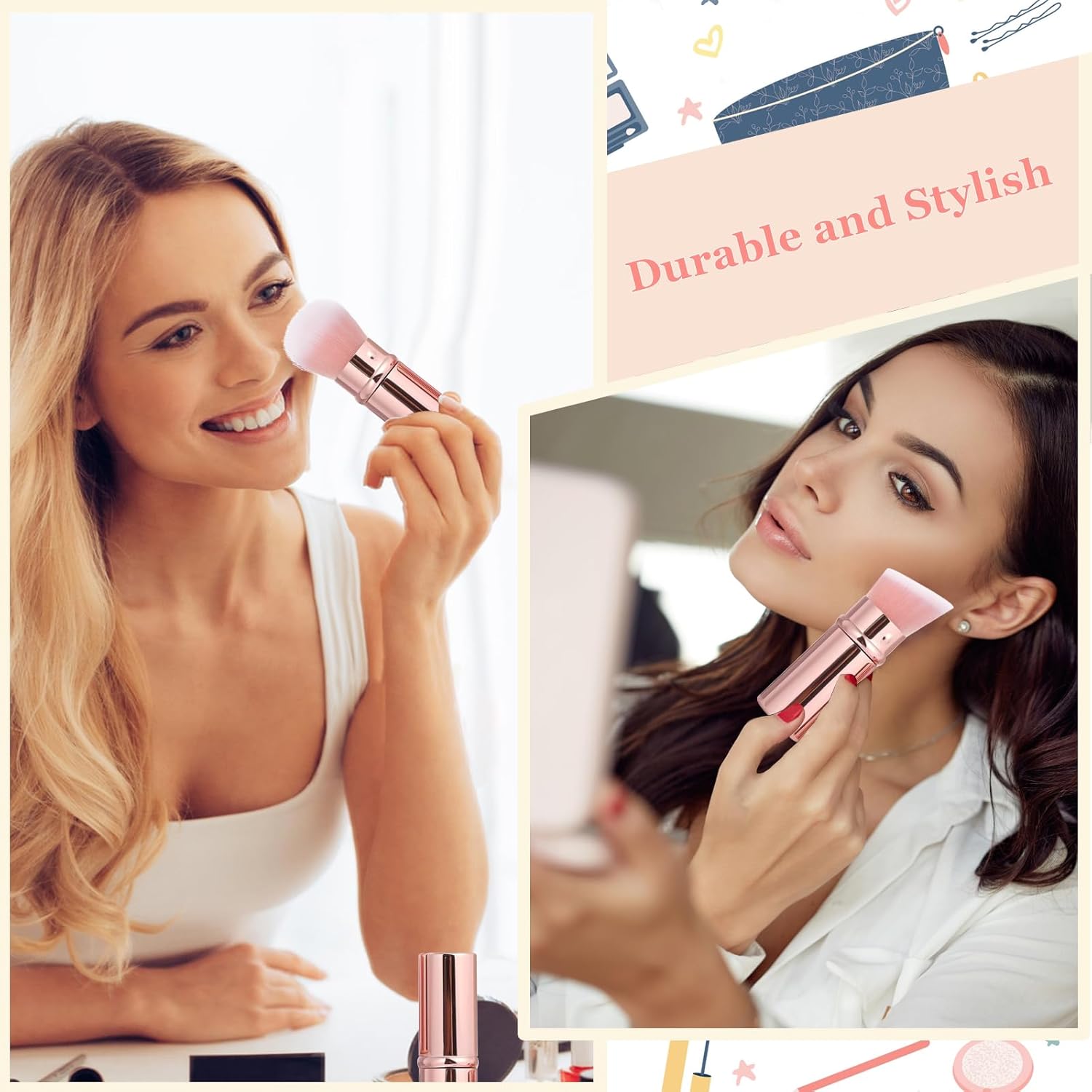 Retractable Makeup Brush 2 Pack, Travel Kabuki Powder Makeup Brush, Foundation Face Blush Brushes for Blending Liquid, Blush, Bronzer, Buffing, Sunscreen,Flawless Cosmetics-Velvo Beauty