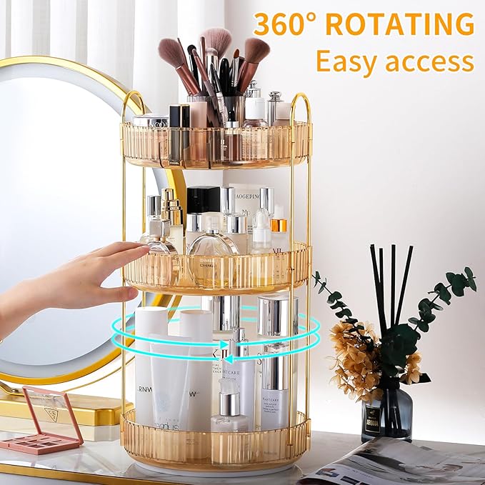360° Rotating Makeup Organizer, Large-Capacity Skincare Make Up Storage 3 Tier Perfume Organizers Cosmetic Dresser Organizer with Makeup Brush Holder, Fits Bedroom, Bathroom, Vanity Shelf Countertop-Velvo Beauty