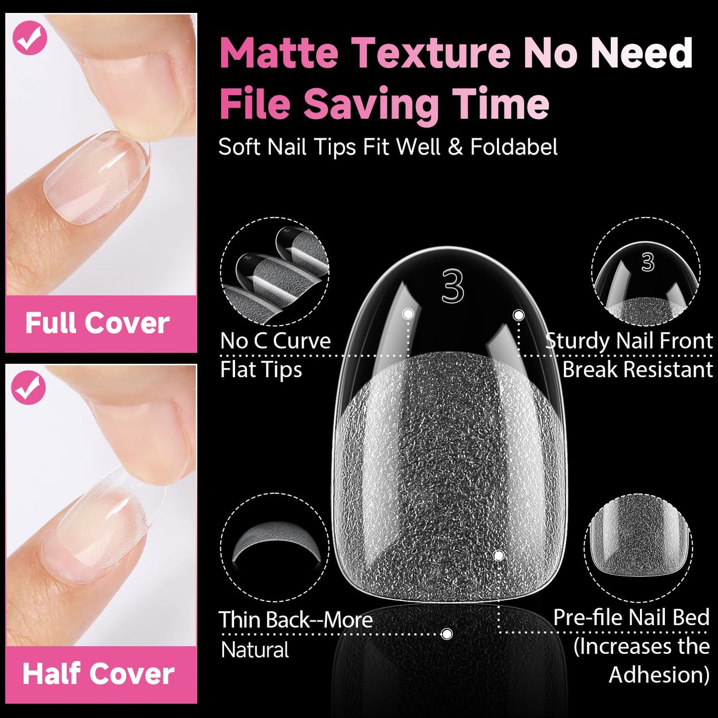 UNA GELLA Oval Gel Nail Tips, 312 Pcs Short Oval Round Nails Pre-Etched Half Matte Clear Acrylic Full Cover Press on Fake Nails No Filing Needed for DIY & Nail Extensions 12 Sizes-Velvo Beauty