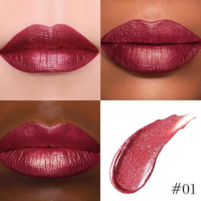 evpct Dark Red Metallic Glitter Lip Liner and Lipstick Combo Lip Gloss Stain Set Makeup for Women Long Lasting Waterproof 24, Wine Red Frosted Metallic Shimmer Glossy Chrome iridescent Liquid Lipstick-Velvo Beauty