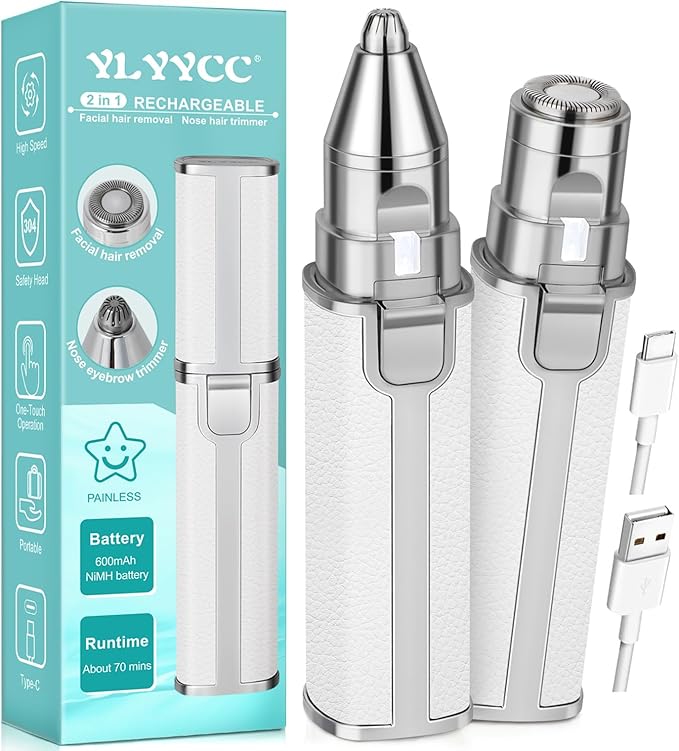 Nose Hair Trimmer for Women Men, Electric 2 in 1 Face Shaver and Eyebrow Trimmer, White Rechargeable Facial Hair Remover with Built-in LED Light-Velvo Beauty