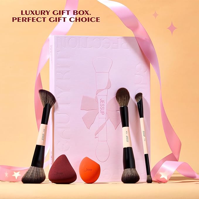 Jessup Makeup Brushes Set with Makeup Sponge, 7pcs Double Sided Makeup Brushes for Foundation Concealer Blush Eyeshadow Contour Bronzer Powder Blending Eyebrow Eyeliner with Gift Box, T506-Velvo Beauty