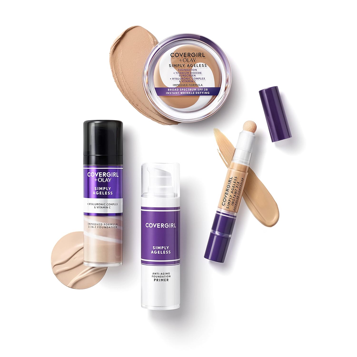 COVERGIRL Simply Ageless Instant Wrinkle Defying Foundation, SPF 28, Hyaluronic Complex & Vitamin C - 225 Buff Beige, Pack of 1-Velvo Beauty