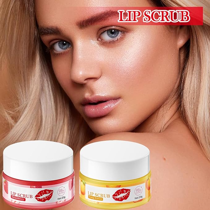 2PCS Strawberry & Orange Conditioning Lip Scrub Kit,Moisturizing Lip Sleeping Mask Long Lasting Hydrating Lip Scrubber Exfoliator Lip Care Products for Men & Women-Velvo Beauty