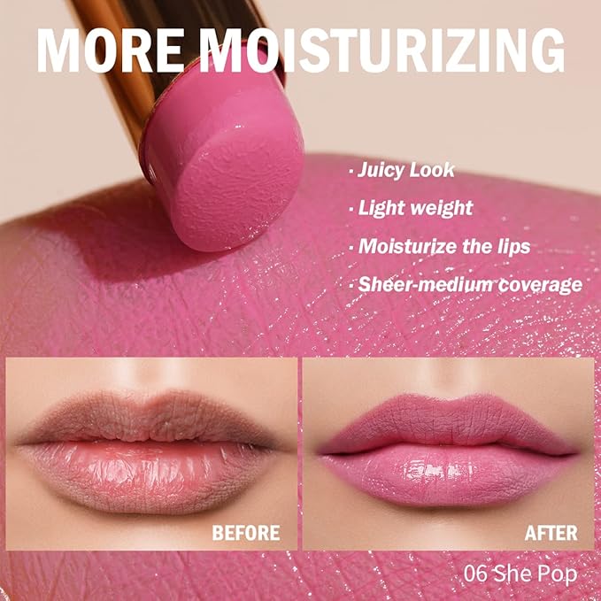 Oulac Pink Lipstick Moisturizing Shine Lipstick - Moisturizing Lip Stick Glossy Tinted Lip Balm, Sheer Shine Juicy Finish, Lightweight and Hydrating Formula for Dry Lip Care, Vegan 2.2g/0.07oz (06)-Velvo Beauty