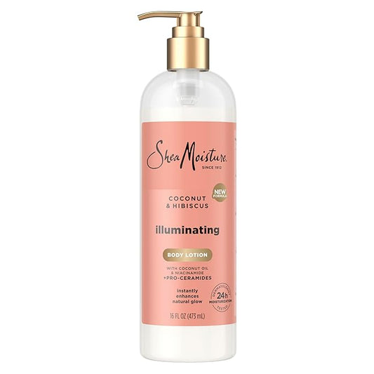 SheaMoisture Illuminating Body Lotion with Coconut Oil, Hibiscus, Niacinamide and Pro-Ceramides, Instantly Enhancing Skin's Natural Glow, 24H Moisturizing 16 oz-Velvo Beauty