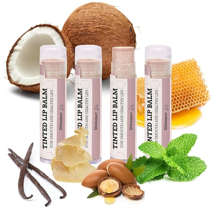 Tinted Lip Balm by Earth’s Daughter – 4 Pack of Shimmer Tint – Beeswax, Coconut Oil, Cocoa Butter, Vitamin E – Moisturize and Beautify – Paraben Free-Velvo Beauty