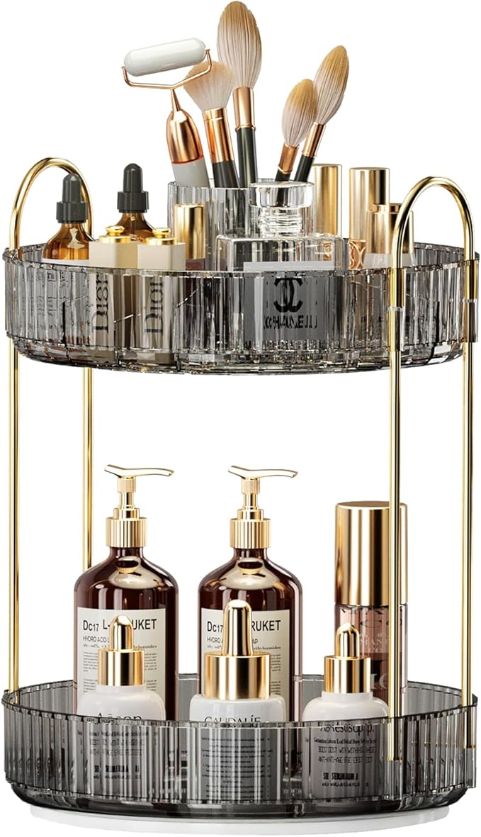 360° Rotating Makeup Organizer, Large-Capacity Skincare Make Up Storage 2 Tier Perfume Organizers Cosmetic Dresser Organizer with Makeup Brush Holder, Fits Bedroom, Bathroom, Vanity Shelf Countertop-Velvo Beauty