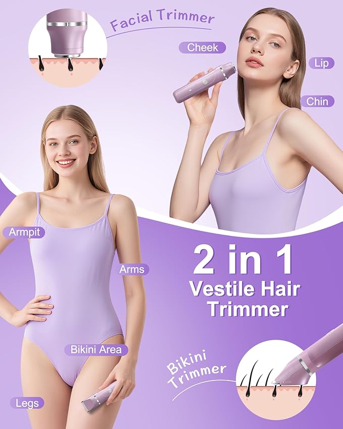 Dermave Bikini Shaver - 2 in 1 Waterproof Bikini Trimmer for Women Cordless Electric Razors for Women, Dry/Wet Use for Bikini, Armpit, Face, Rechargeable Shaver with Detachable Head, Pearl Purple-Velvo Beauty